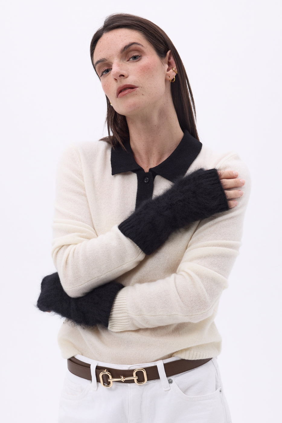 Mira Brushed Cashmere Fingerless Mittens - Black - Unisex