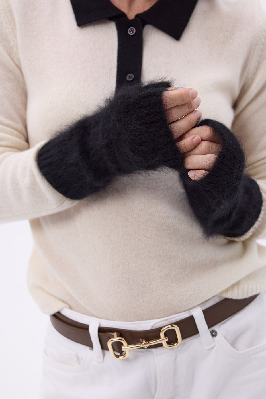 Mira Brushed Cashmere Fingerless Mittens - Black - Unisex