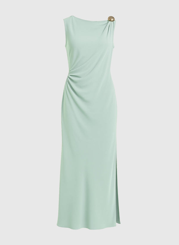An'ge – Abito Midi Mirka Celadon, abito lungo verde acqua smanicato con dettaglio dorato