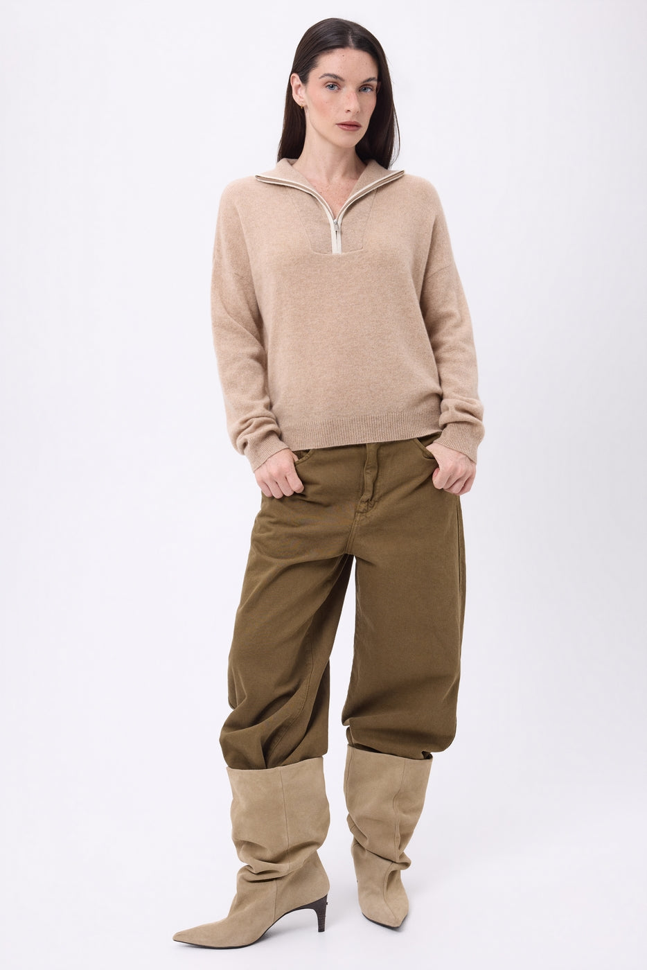 Jersey de cuello alto con cremallera y ribete Miska - Beige crema blanco - Mujer