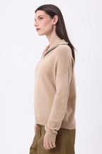 Jersey de cuello alto con cremallera y ribete Miska - Beige crema blanco - Mujer