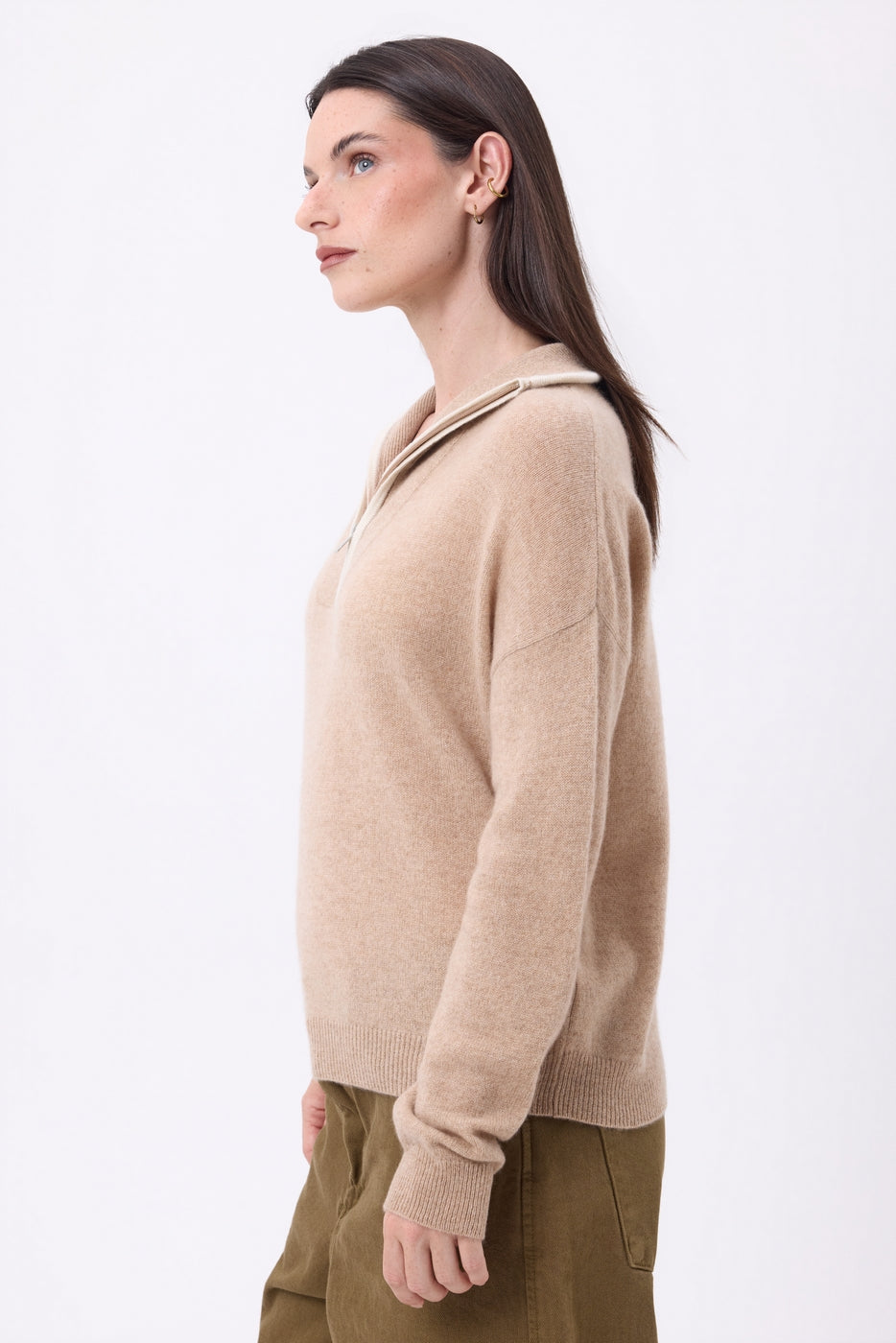 Jersey de cuello alto con cremallera y ribete Miska - Beige crema blanco - Mujer