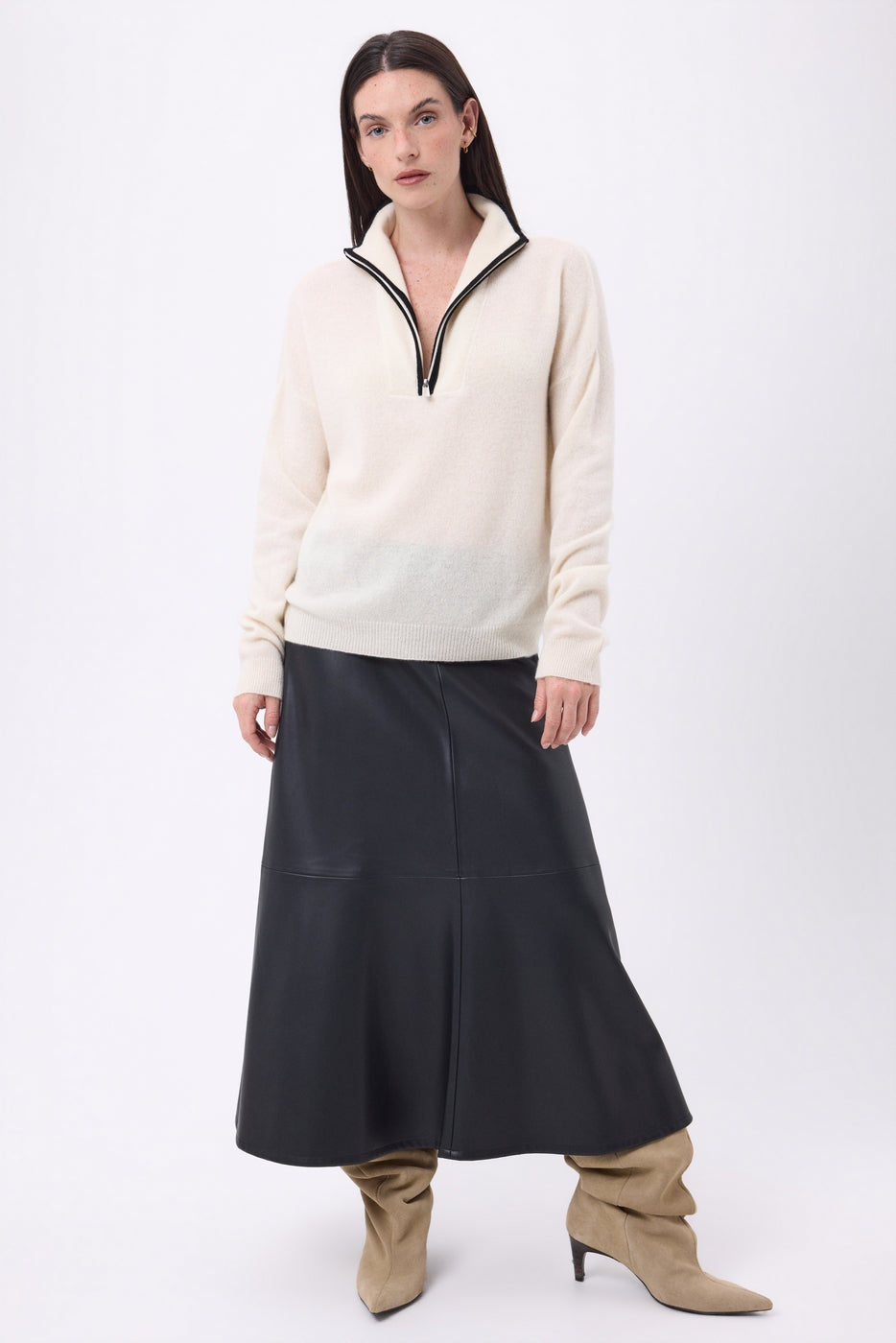 Miska Tipped Zipped High-Collar Jumper - White Black - Women