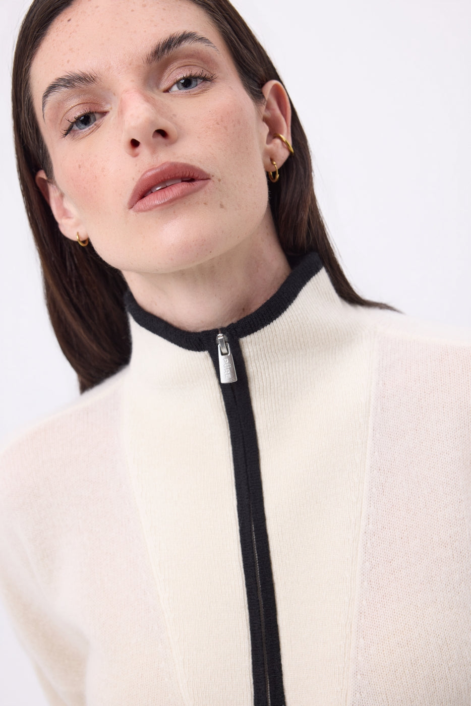 Miska Tipped Zipped High-Collar Jumper - White Black - Women