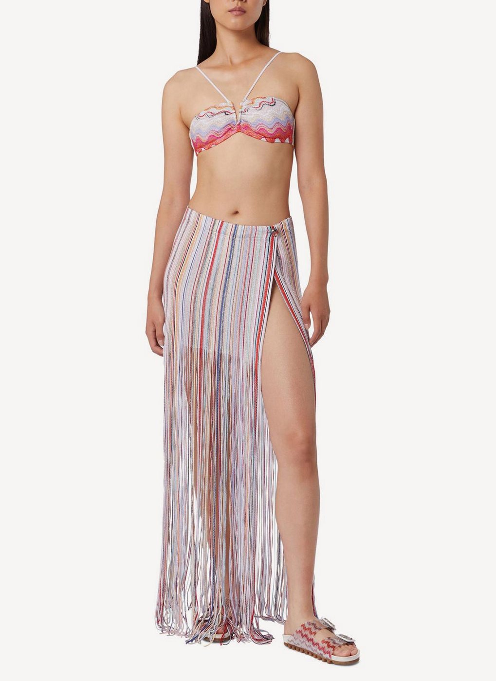 Long Wrap Skirt with Fringe - White E Multi Stripes
