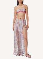 Long Wrap Skirt with Fringe - White E Multi Stripes