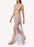 Long Wrap Skirt with Fringe - White E Multi Stripes