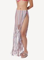 Long Wrap Skirt with Fringe - White E Multi Stripes