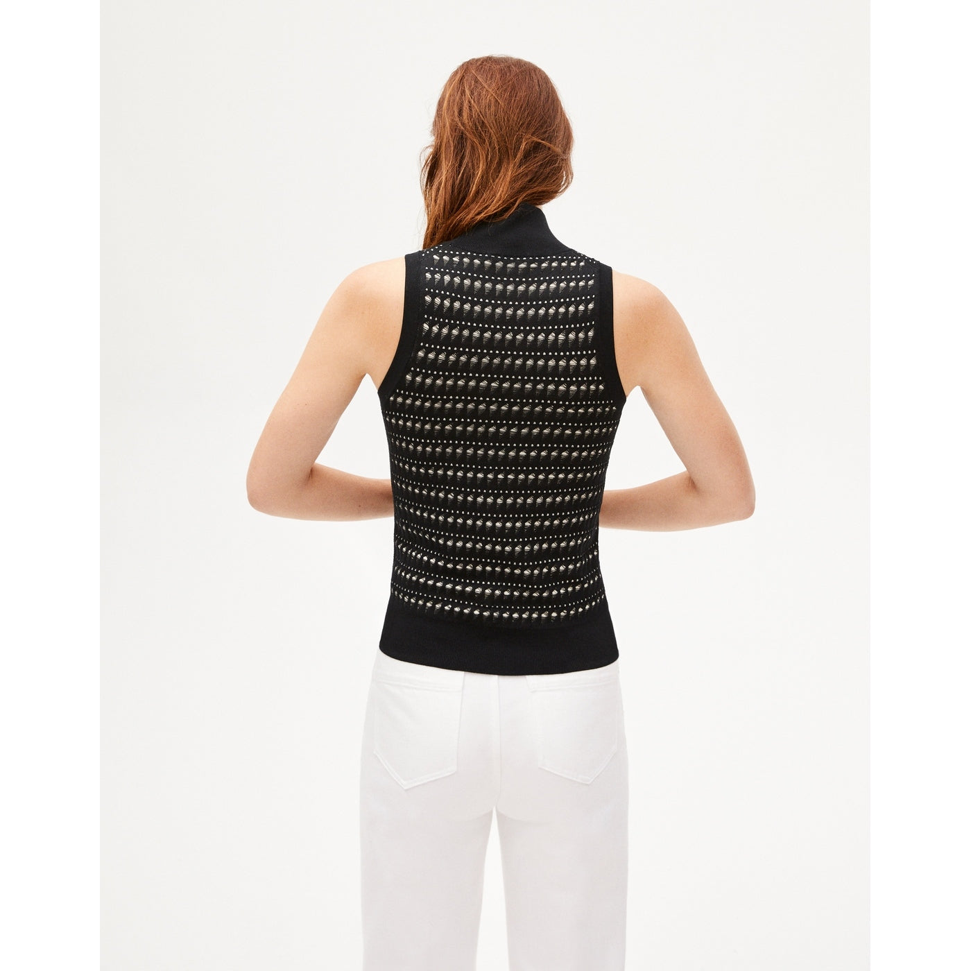 Jersey Cuello Alto Sin Mangas Calado En Seda - Negro Y Natural - Mujer