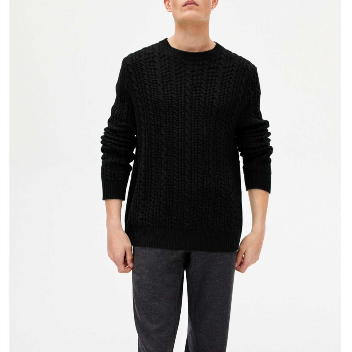 Jersey Cuello Redondo Trenzas Y Canalé - Negro - Hombre