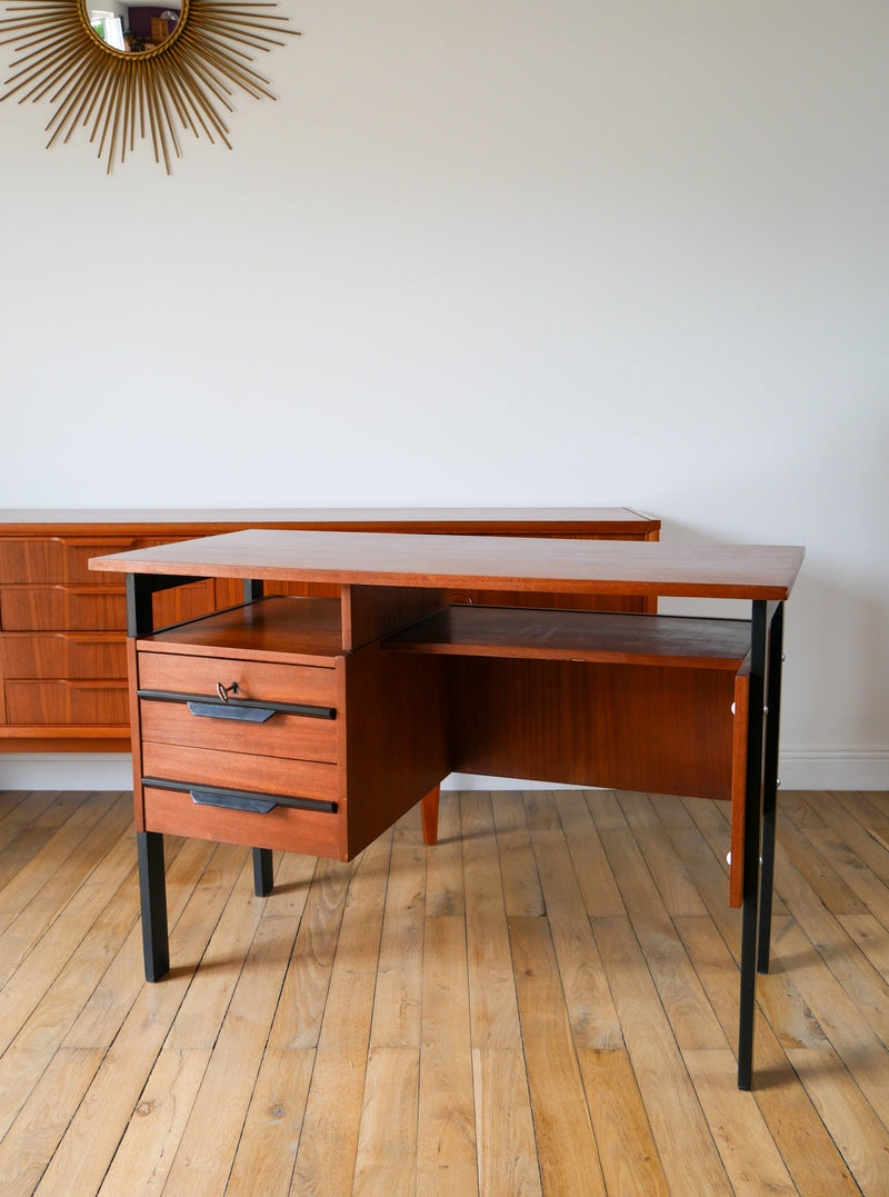 Bureau Scandinave En Placage Chêne Métal Noir - Design Moderniste - 1960