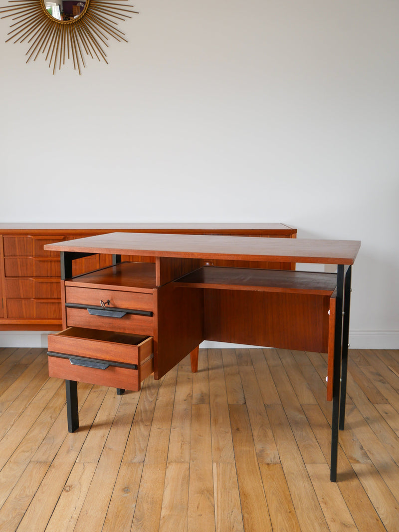 Bureau Scandinave En Placage Chêne Métal Noir - Design Moderniste - 1960