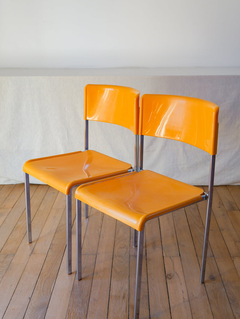 Paire De Chaises Plastique Jaune Et Pieds Chromes Mobilier International Signé Lafargue - 1970