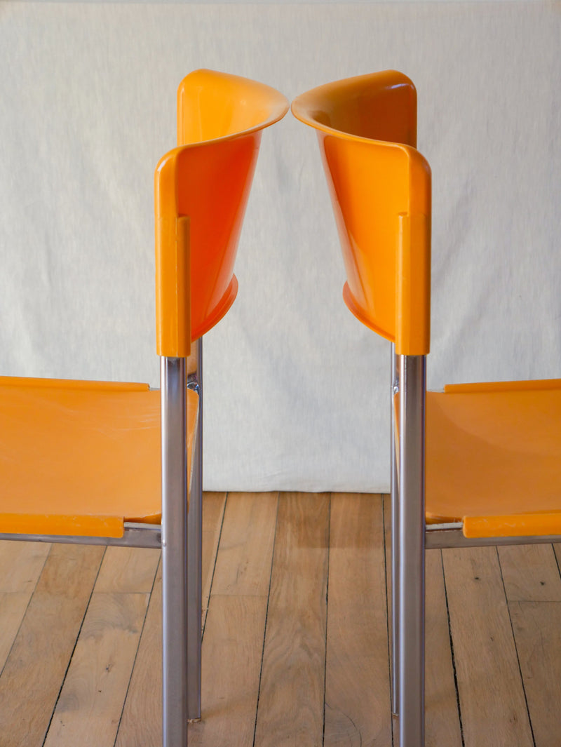 Paire De Chaises Plastique Jaune Et Pieds Chromes Mobilier International Signé Lafargue - 1970