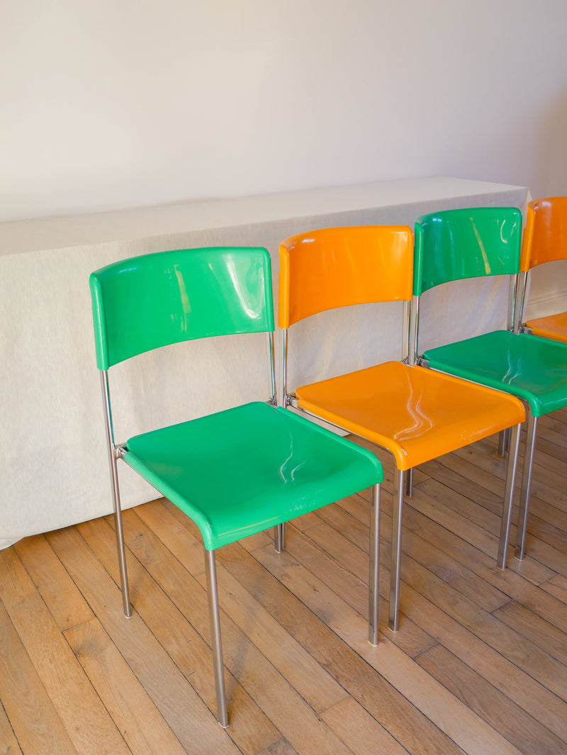 Paire De Chaises Plastique Jaune Et Pieds Chromes Mobilier International Signé Lafargue - 1970