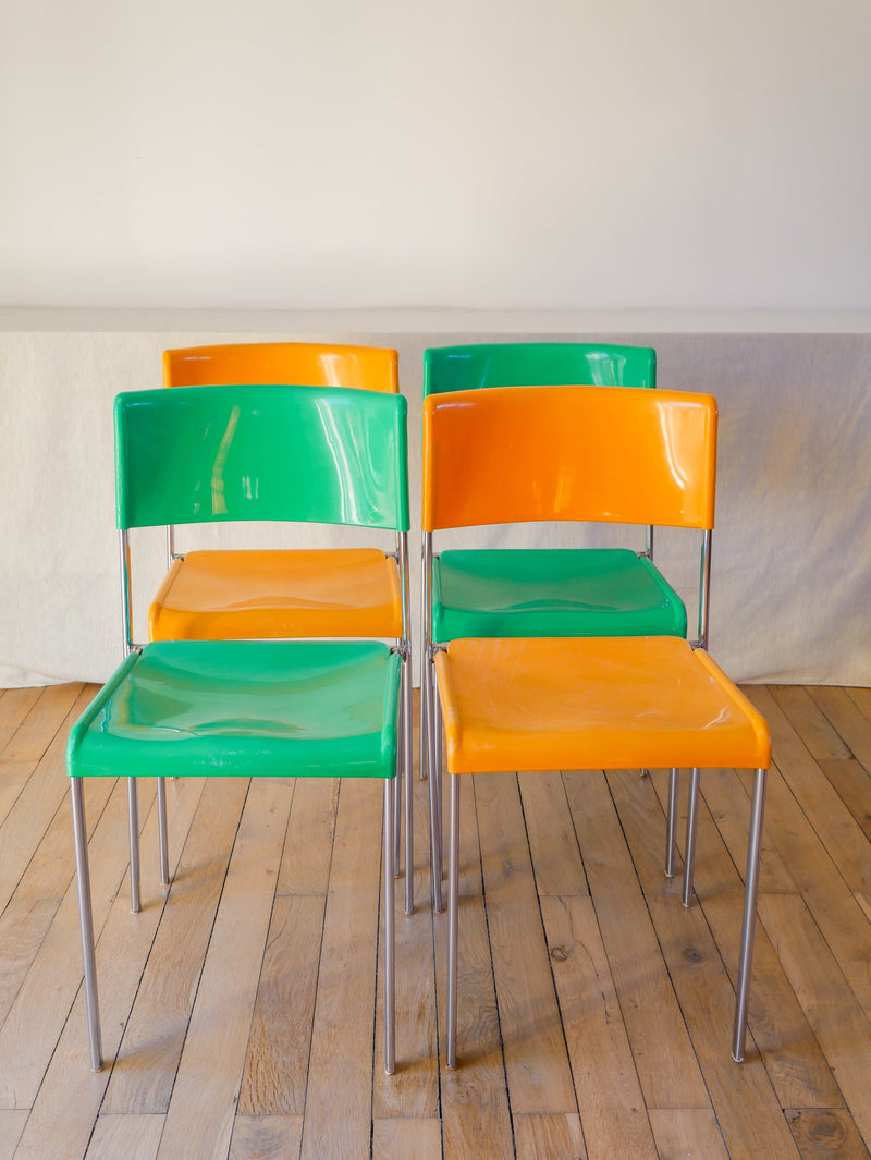 Paire De Chaises Plastique Jaune Et Pieds Chromes Mobilier International Signé Lafargue - 1970