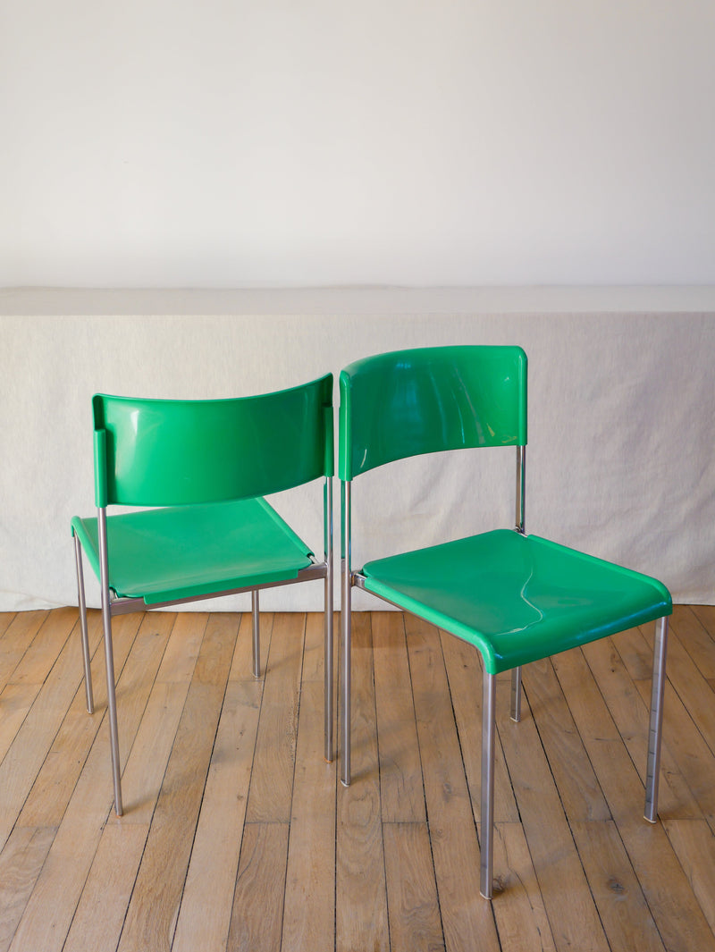 Paire De Chaises Plastique Vert Et Pieds Chromes Mobilier International Signé Lafargue - 970