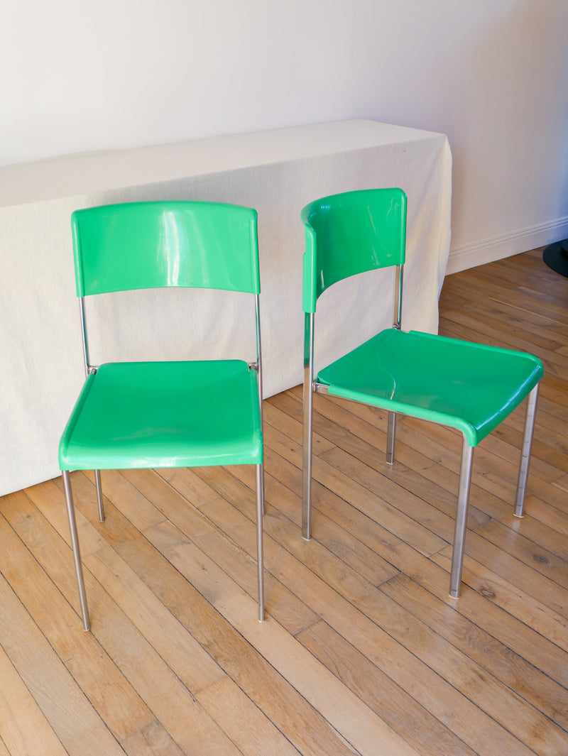 Paire De Chaises Plastique Vert Et Pieds Chromes Mobilier International Signé Lafargue - 970