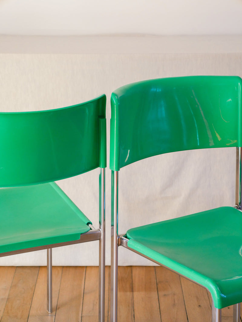 Paire De Chaises Plastique Vert Et Pieds Chromes Mobilier International Signé Lafargue - 970