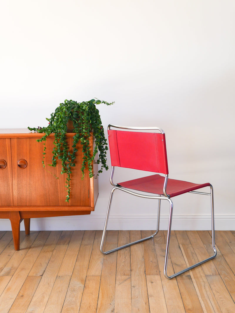 Ensemble De 4 Chaises Tubulaires En Croute De Cuir Rouge Italy - Design - 1970