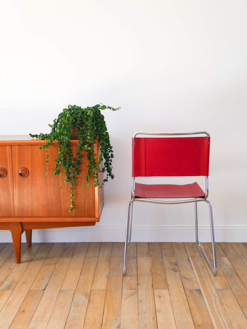 Ensemble De 4 Chaises Tubulaires En Croute De Cuir Rouge Italy - Design - 1970