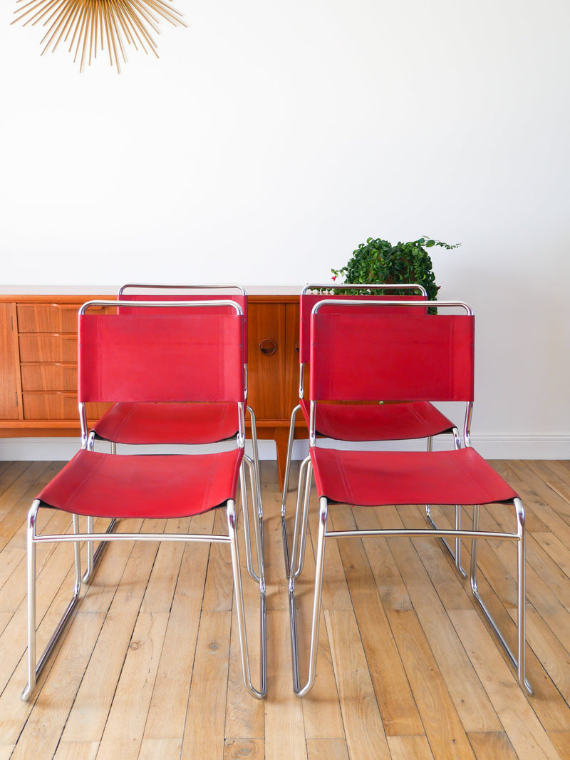 Ensemble De 4 Chaises Tubulaires En Croute De Cuir Rouge Italy - Design - 1970