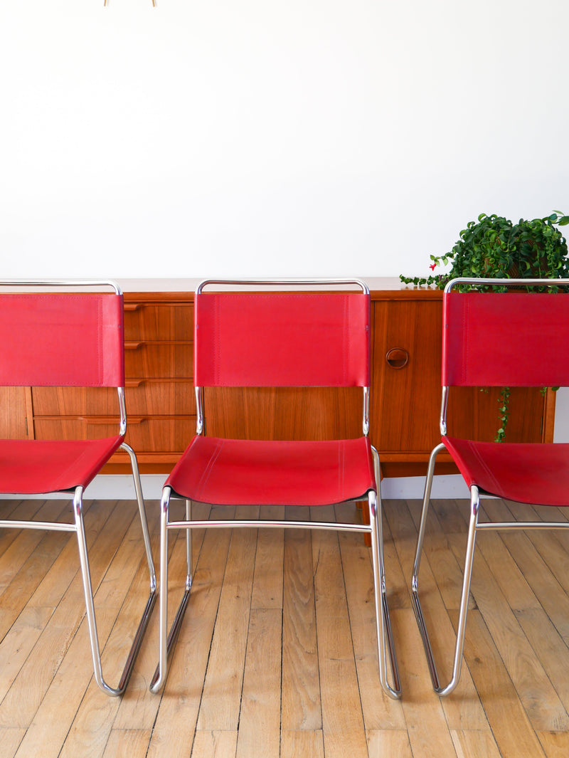 Ensemble De 4 Chaises Tubulaires En Croute De Cuir Rouge Italy - Design - 1970