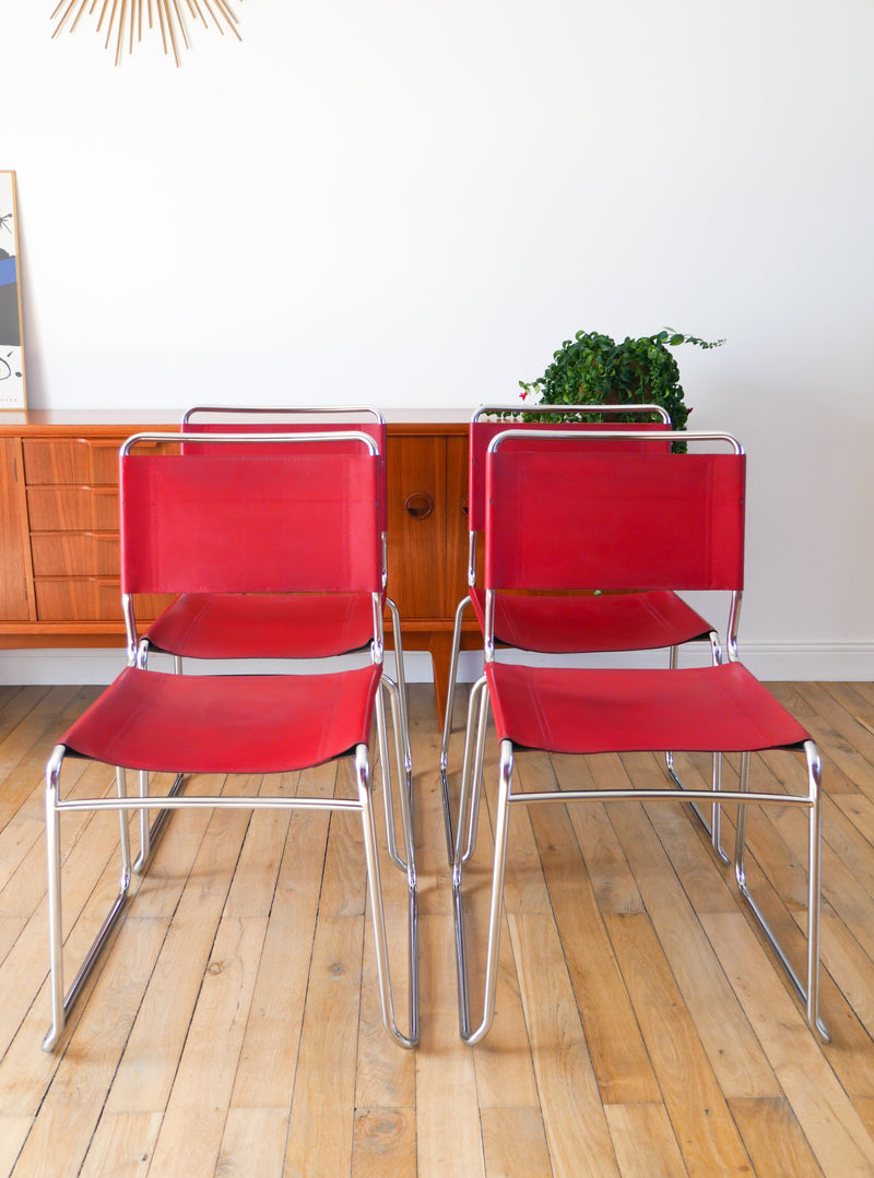 Ensemble De 4 Chaises Tubulaires En Croute De Cuir Rouge Italy - Design - 1970