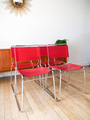 Ensemble De 4 Chaises Tubulaires En Croute De Cuir Rouge Italy, Design 1970
