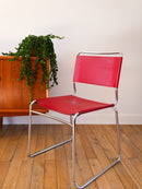 Ensemble De 4 Chaises Tubulaires En Croute De Cuir Rouge Italy - Design - 1970