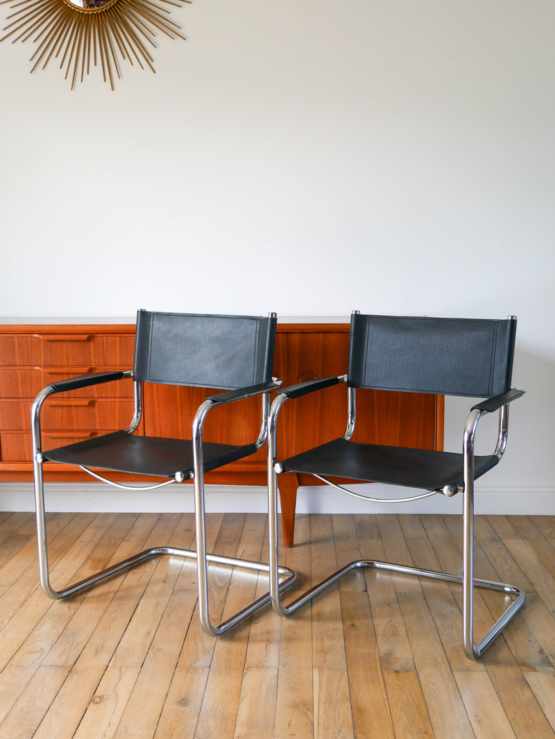 Ensemble De 4 Fauteuils Tubulaires En Croute De Cuir Cantilever Chrome Et Noir - Dans Le Goût De Mart Stam & Marcel Breuer S34 - 1970