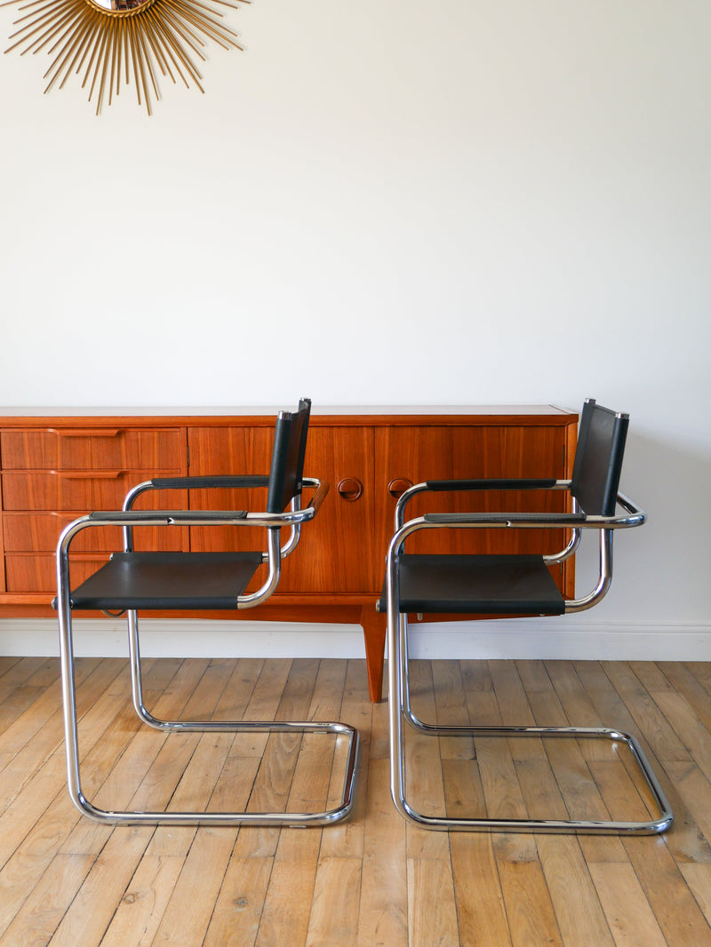 Ensemble De 4 Fauteuils Tubulaires En Croute De Cuir Cantilever Chrome Et Noir - Dans Le Goût De Mart Stam & Marcel Breuer S34 - 1970