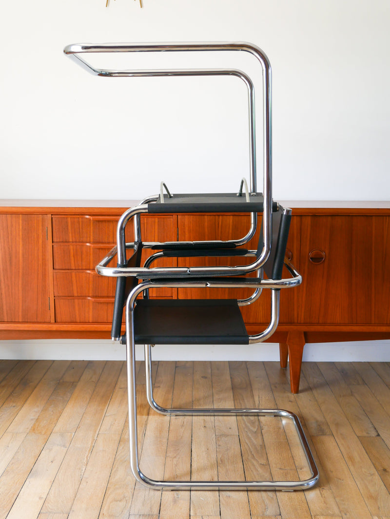 Ensemble De 4 Fauteuils Tubulaires En Croute De Cuir Cantilever Chrome Et Noir - Dans Le Goût De Mart Stam & Marcel Breuer S34 - 1970