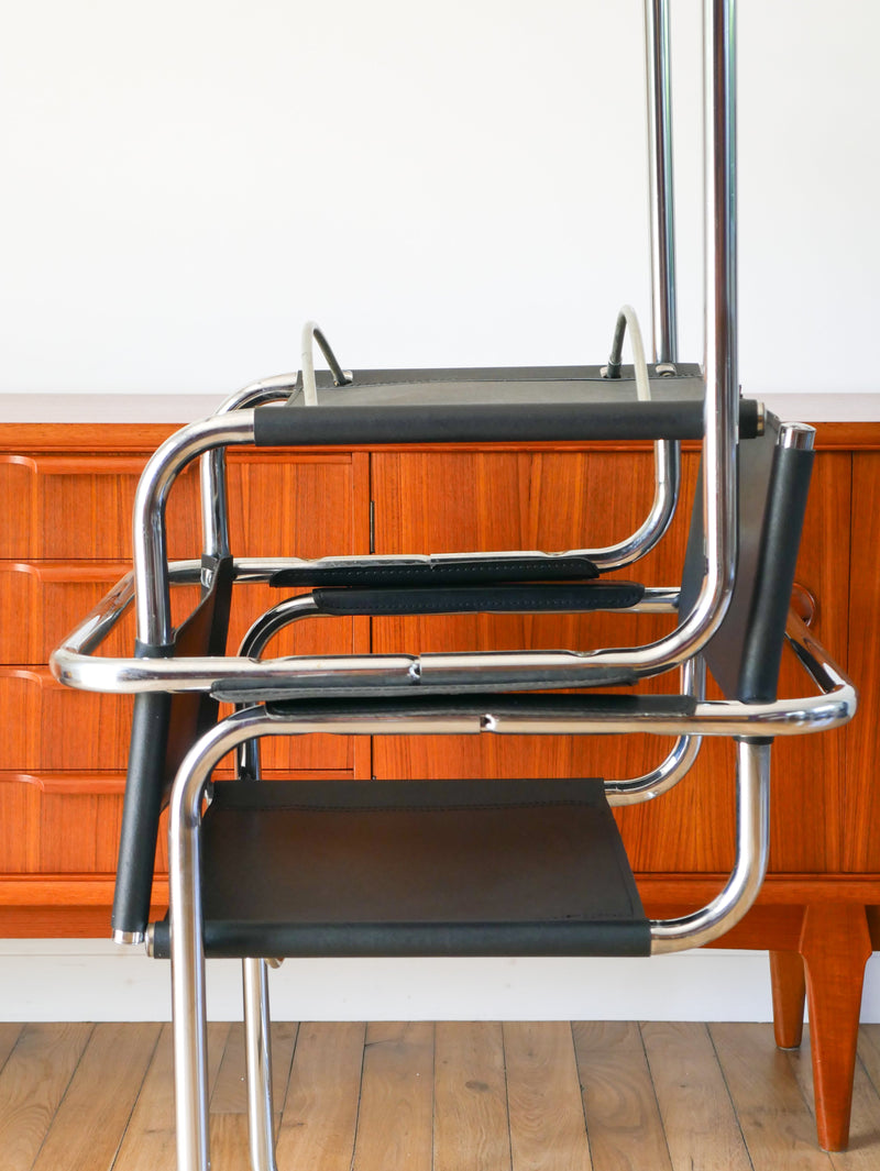 Ensemble De 4 Fauteuils Tubulaires En Croute De Cuir Cantilever Chrome Et Noir - Dans Le Goût De Mart Stam & Marcel Breuer S34 - 1970