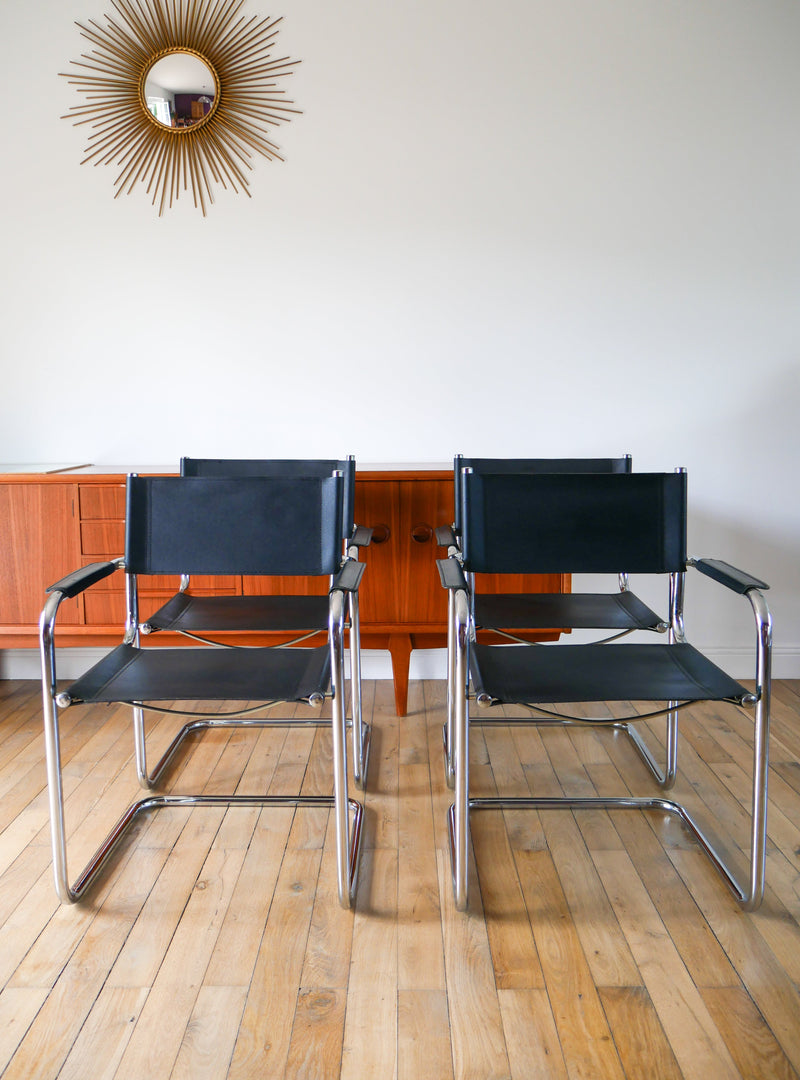 Ensemble De 4 Fauteuils Tubulaires En Croute De Cuir Cantilever Chrome Et Noir - Dans Le Goût De Mart Stam & Marcel Breuer S34 - 1970