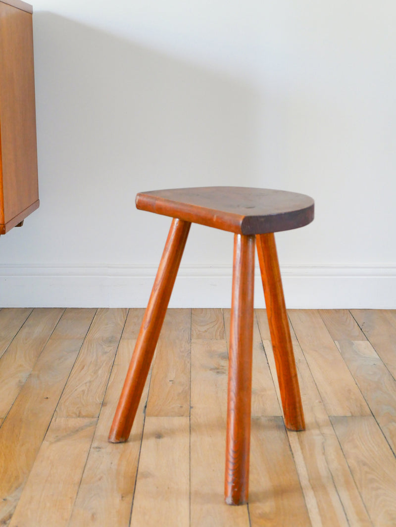 Tabouret Tripode Demi-Lune En Bois - Brutaliste - 1950