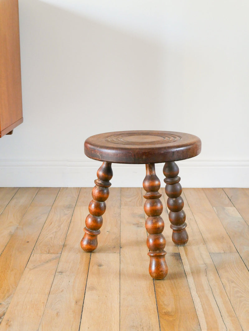 Tabouret Tripode En Bois Bas - Pieds En Bois Tourné - Cercles - Brutaliste - 1950