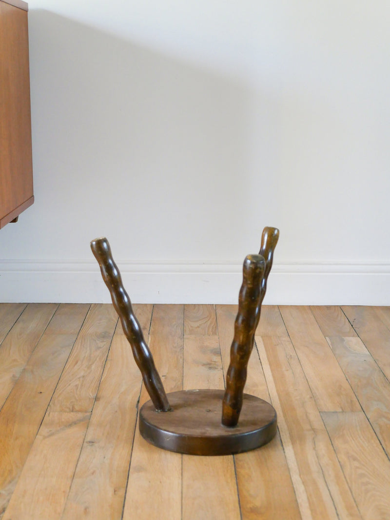 Tabouret Tripode En Bois - Pieds En Bois Tourné - Cercles - Brutaliste - 1950