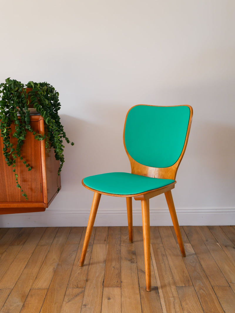 Chaise En Bois Blond Et Skaï Vert - Designer Max Bill Pour Baumann - Modèle N°800 G - Design - 1950