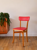 Chaise En Bois Blond Et Skaï Rouge - 1950