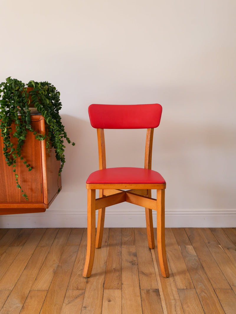 Chaise En Bois Blond Et Skaï Rouge - 1950