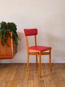 Chaise En Bois Blond Et Skaï Rouge - 1950