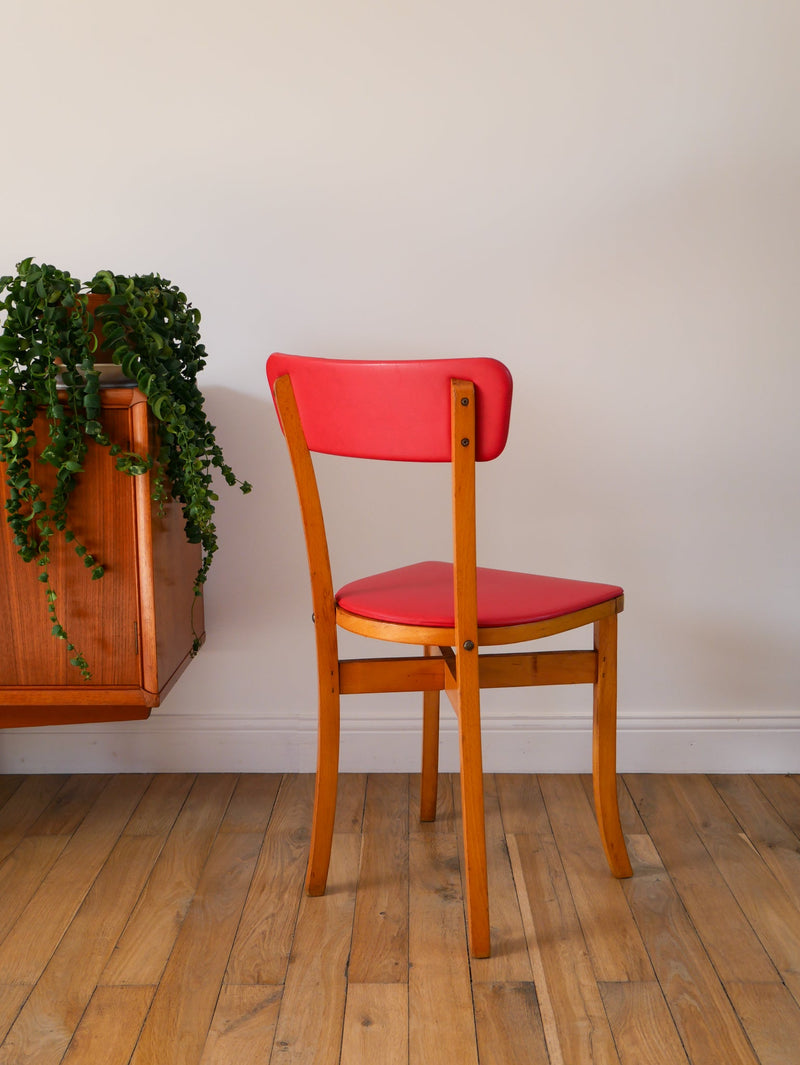 Chaise En Bois Blond Et Skaï Rouge - 1950