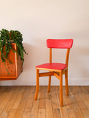 Chaise En Bois Blond Et Skaï Rouge - 1950