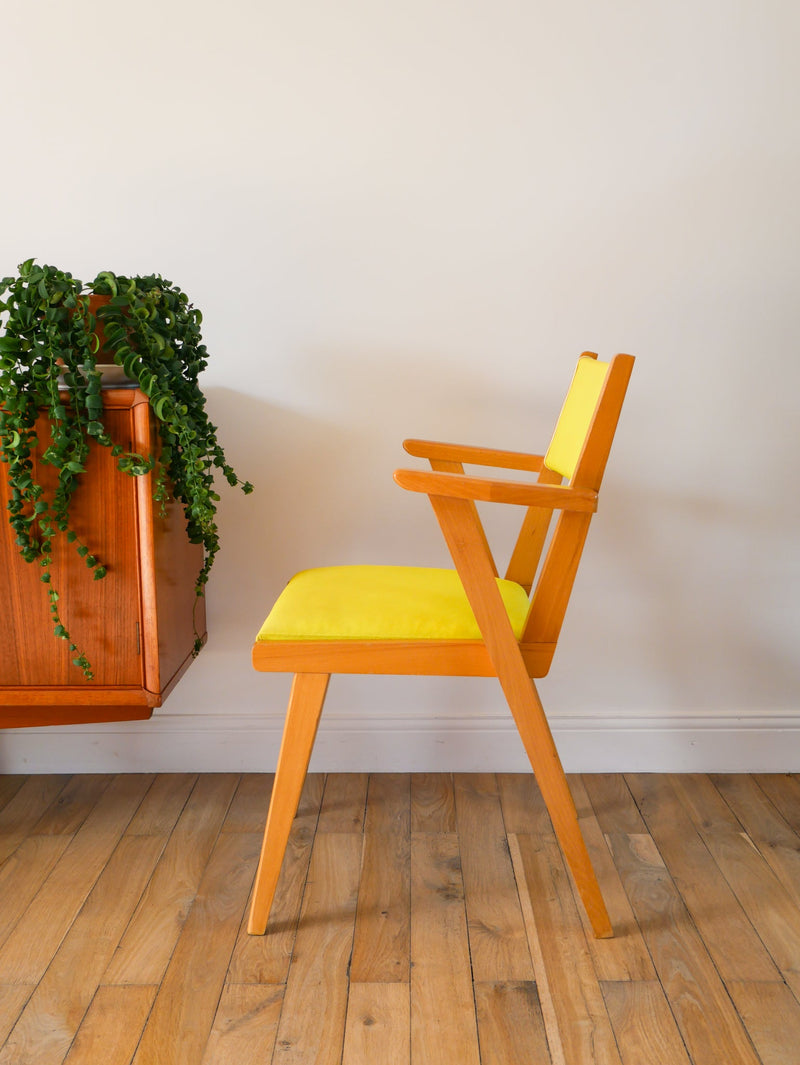 Fauteuil En Bois Blond Et Skaï Jaune - 1950