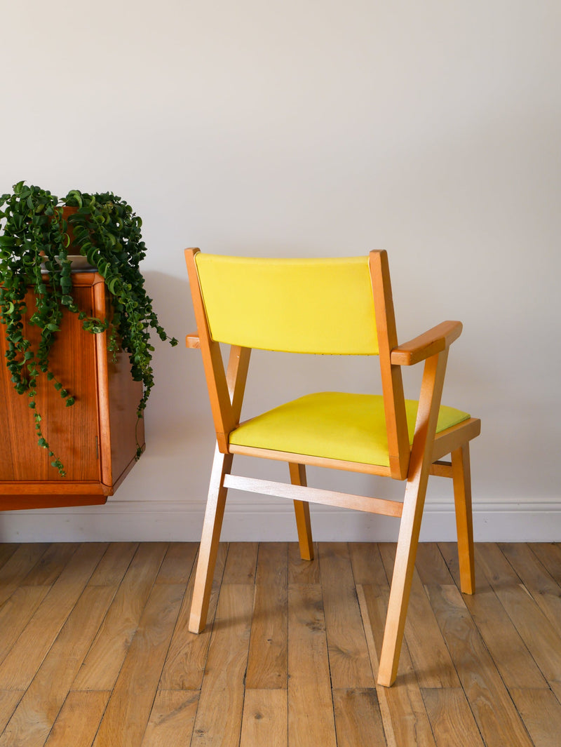 Fauteuil En Bois Blond Et Skaï Jaune - 1950