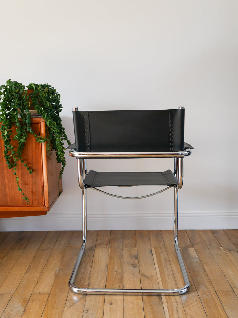 Fauteuil Tubulaire En Croute De Cuir Cantilever Chrome Et Noir - Dans Le Goût De Mart Stam & Marcel Breuer S34 - 1970