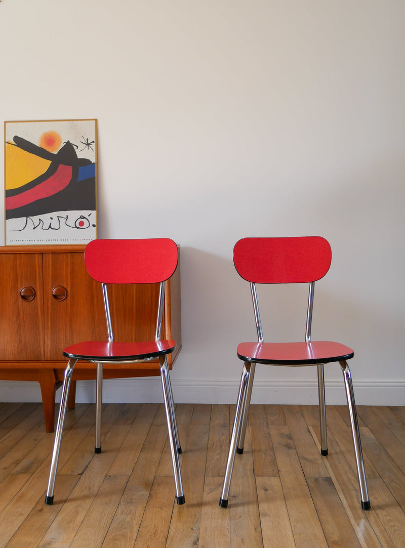 Paire De Chaises En Formica Rouge Et Chrome - 1970