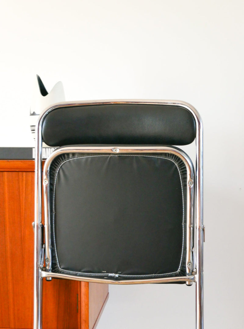 Ensemble De 4 Chaises Pliantes En Chrome Et Skaï Noir - Design - 1970