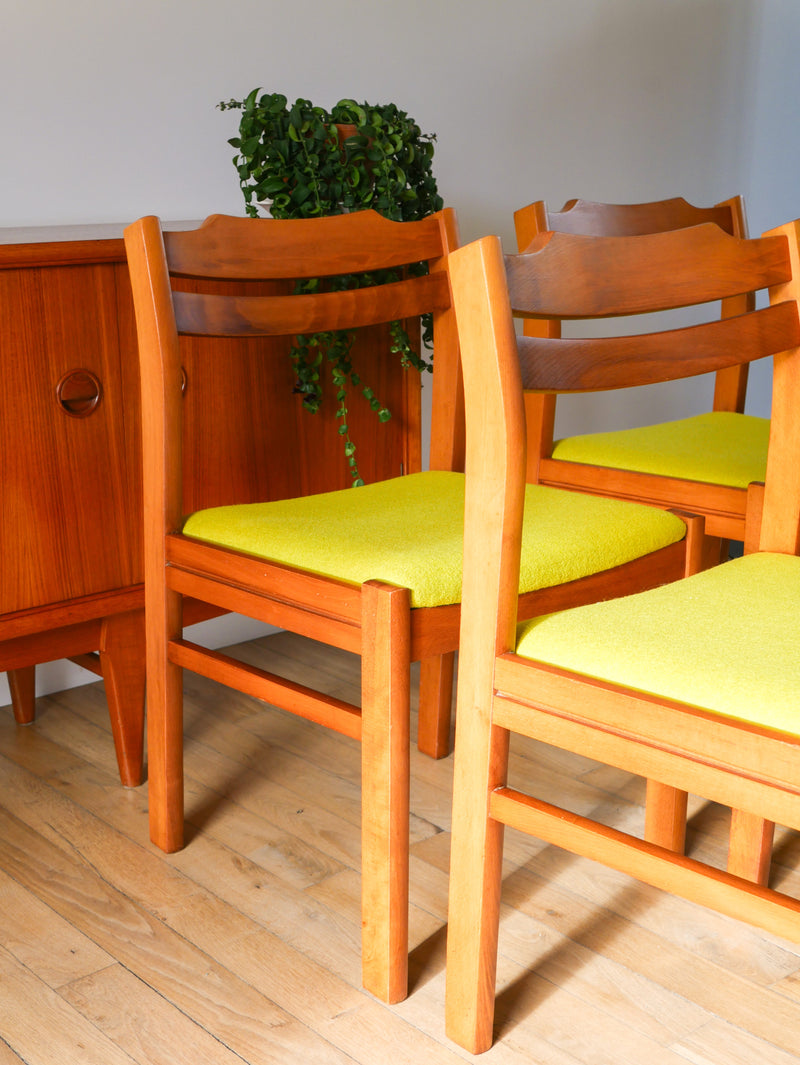 Ensemble De 4 Chaises En Pin Et Laine Bouillie - Vert - Entièrement Retapissées - Design Scandinave - 1960